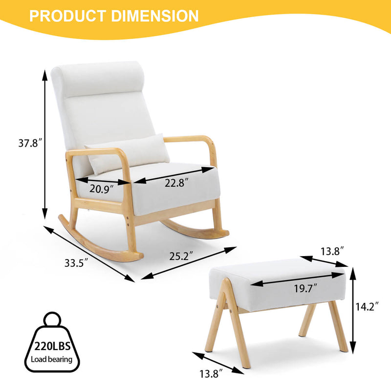 Fabric Rocking Chair Ottoman Set, Mid-Century Upholstered Rocking Chair with Thick Padded Cushion & Pillow, Glider Rocker Chair for Living Room