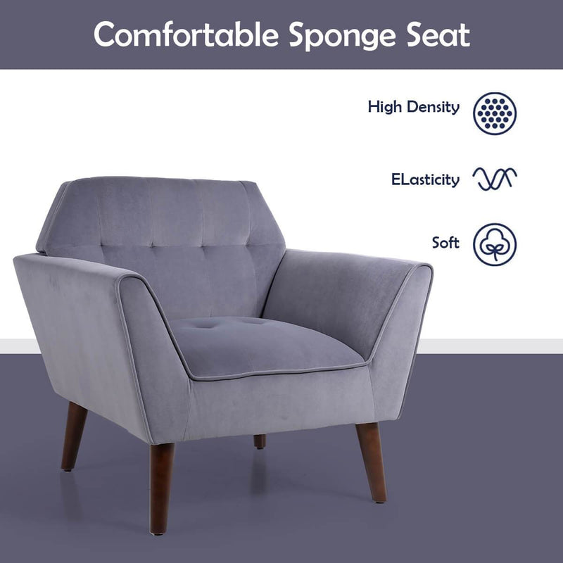 Mid Century Modern Arm Chair, Upholstered Sofa Chairs with Rubber Wood Legs Gray