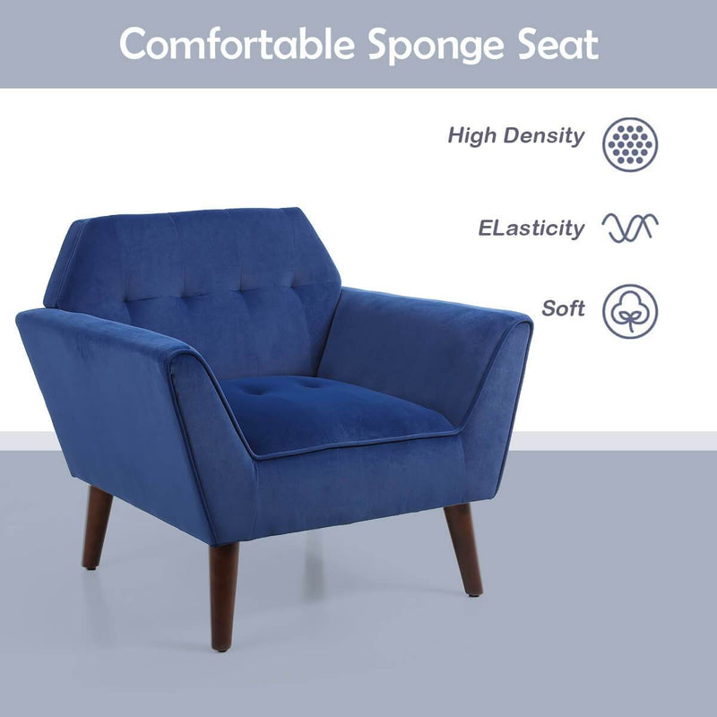 Mid Century Modern Arm Chair, Upholstered Sofa Chairs with Rubber Wood Legs Blue