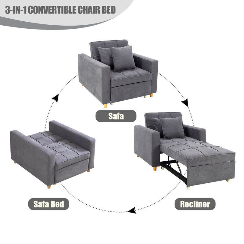 Sofa Bed 3-in-1 Convertible Chair Multi-Functional Sofa Bed Adjustable Recliner(Dark Grey)