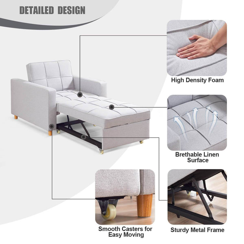 Sofa Bed 3-in-1 Convertible Chair Multi-Functional Sofa Bed Adjustable Recliner(Light Grey)