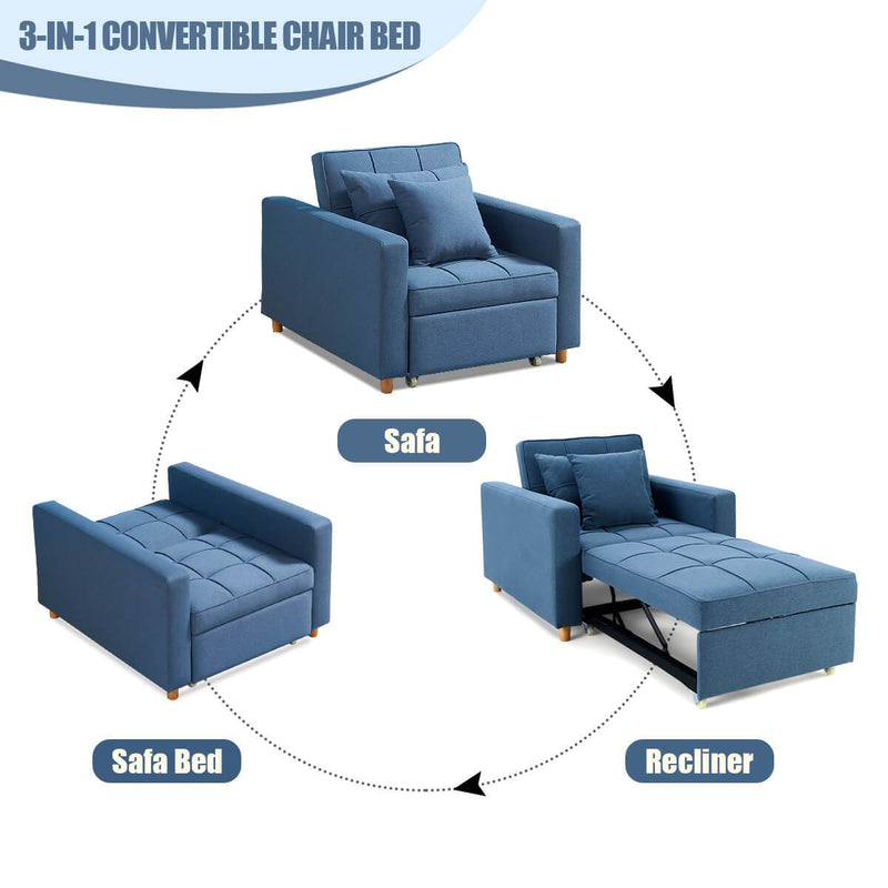 Sofa Bed 3-in-1 Convertible Chair Multi-Functional Sofa Bed Adjustable Recliner(Blue Grey)