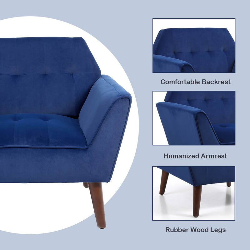 Mid Century Modern Arm Chair, Upholstered Sofa Chairs with Rubber Wood Legs Blue