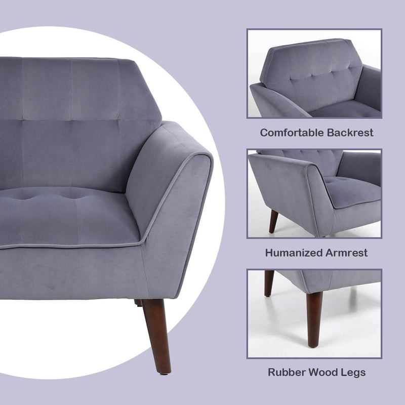 Mid Century Modern Arm Chair, Upholstered Sofa Chairs with Rubber Wood Legs Gray