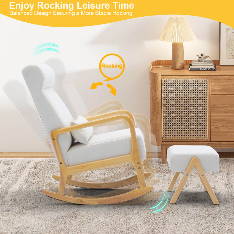 Fabric Rocking Chair Ottoman Set, Mid-Century Upholstered Rocking Chair with Thick Padded Cushion & Pillow, Glider Rocker Chair for Living Room