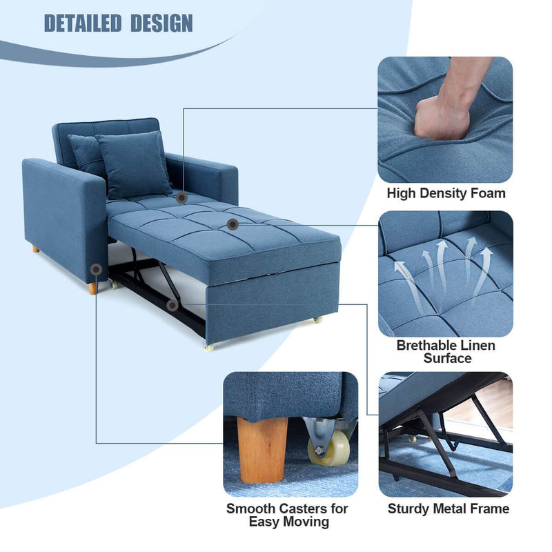 Sofa Bed 3-in-1 Convertible Chair Multi-Functional Sofa Bed Adjustable Recliner(Blue Grey)