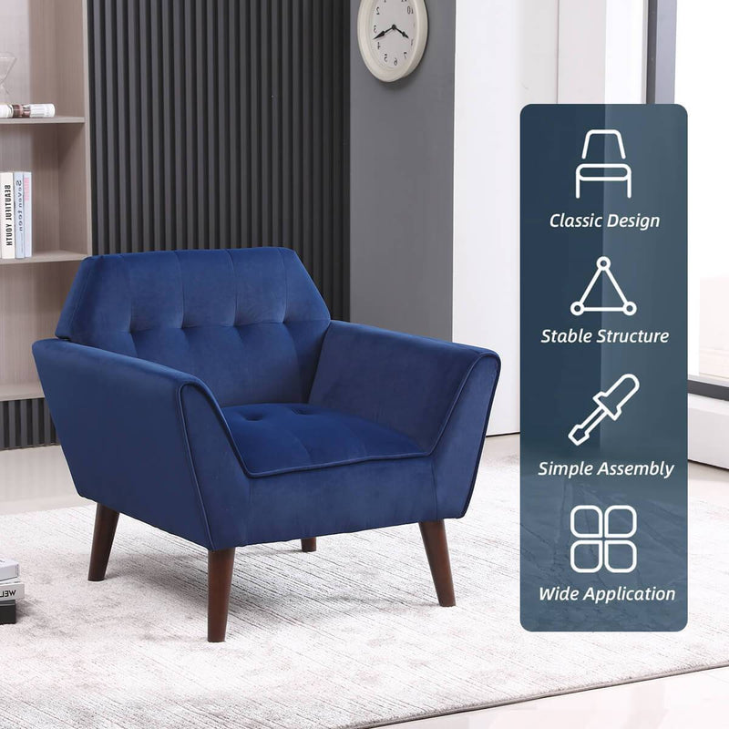 Mid Century Modern Arm Chair, Upholstered Sofa Chairs with Rubber Wood Legs Blue