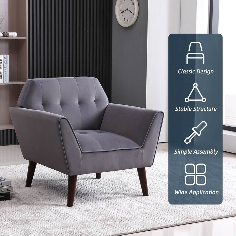 Mid Century Modern Arm Chair, Upholstered Sofa Chairs with Rubber Wood Legs Gray