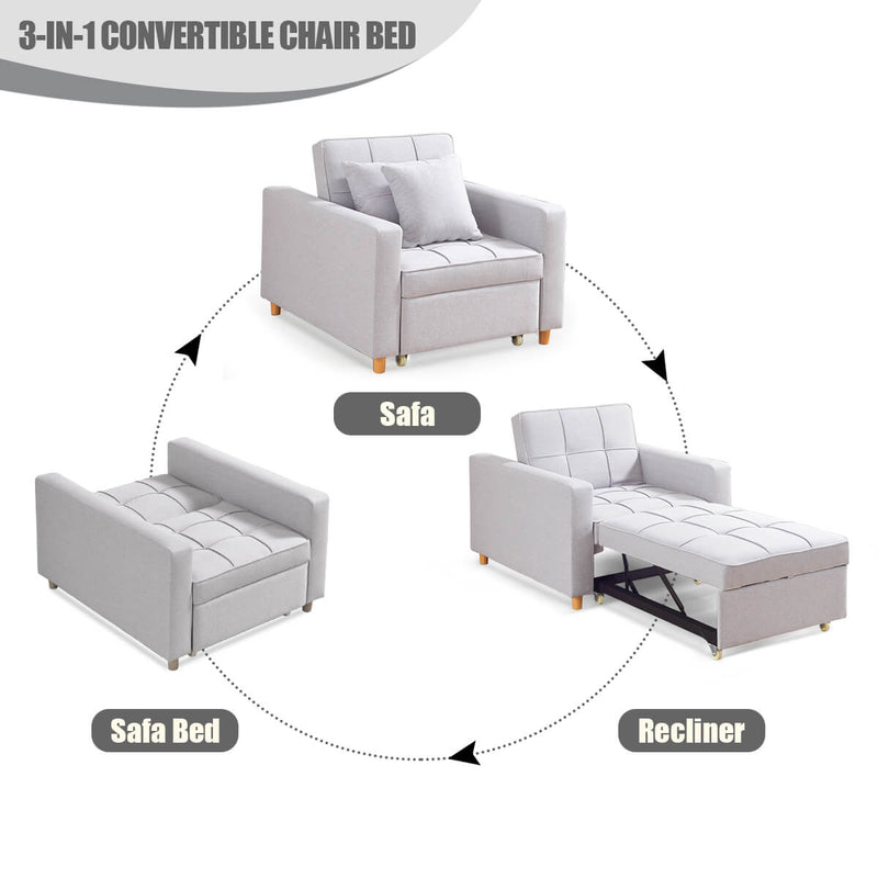 Sofa Bed 3-in-1 Convertible Chair Multi-Functional Sofa Bed Adjustable Recliner(Light Grey)
