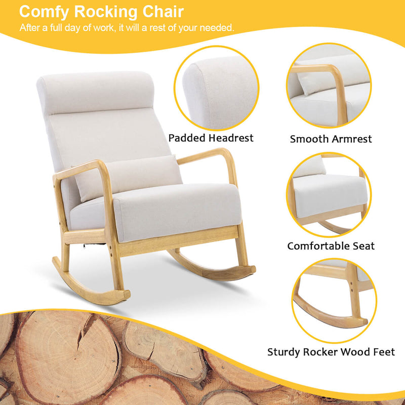 Fabric Rocking Chair Ottoman Set, Mid-Century Upholstered Rocking Chair with Thick Padded Cushion & Pillow, Glider Rocker Chair for Living Room