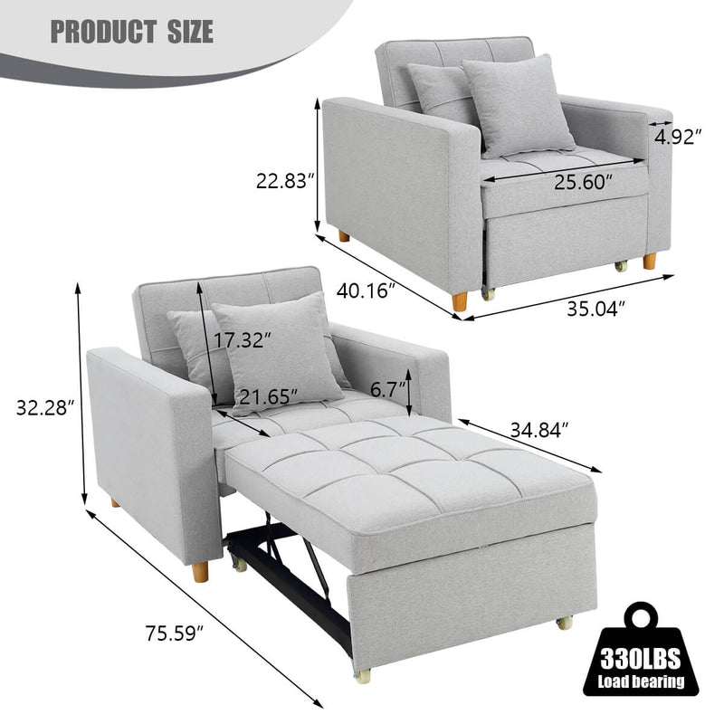Sofa Bed 3-in-1 Convertible Chair Multi-Functional Sofa Bed Adjustable Recliner(Light Grey)
