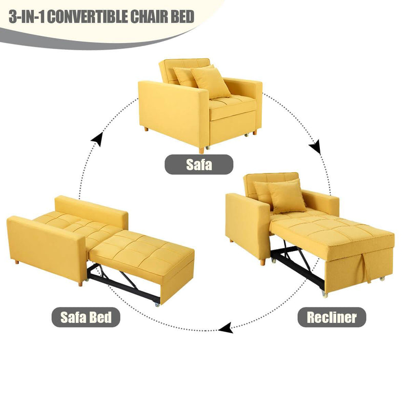 Sofa Bed 3-in-1 Convertible Chair Multi-Functional Sofa Bed Adjustable Recliner(Yellow)
