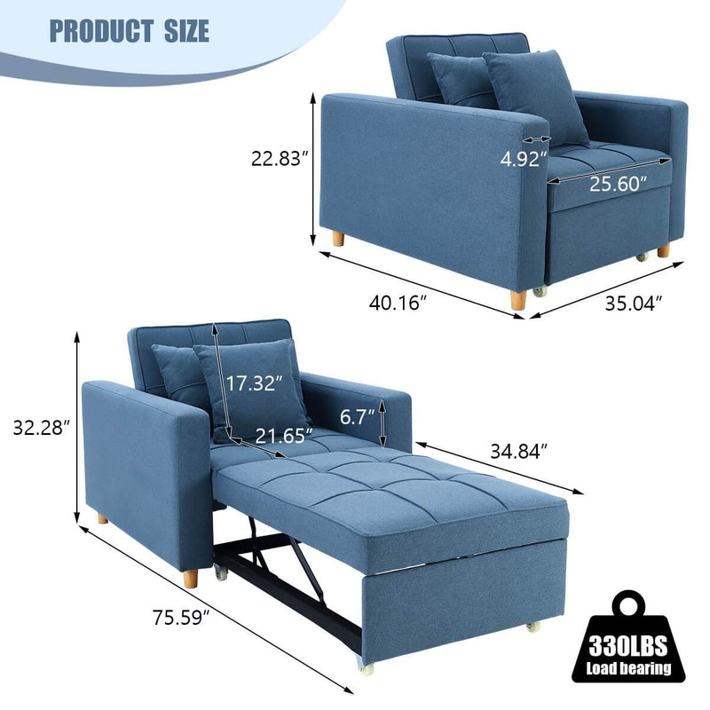 Sofa Bed 3-in-1 Convertible Chair Multi-Functional Sofa Bed Adjustable Recliner(Blue Grey)