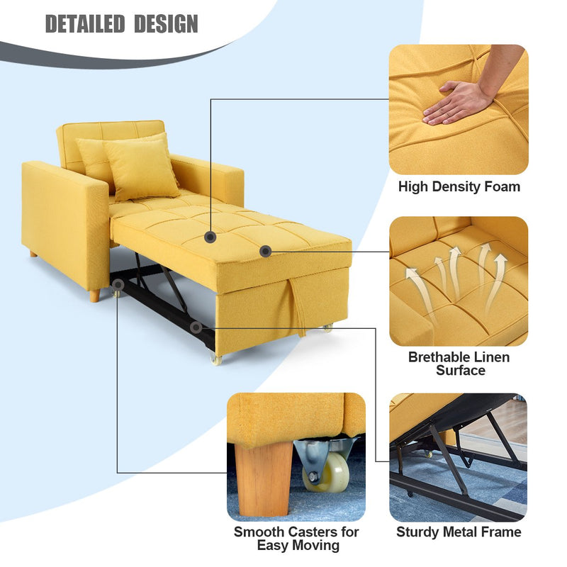 Sofa Bed 3-in-1 Convertible Chair Multi-Functional Sofa Bed Adjustable Recliner(Yellow)
