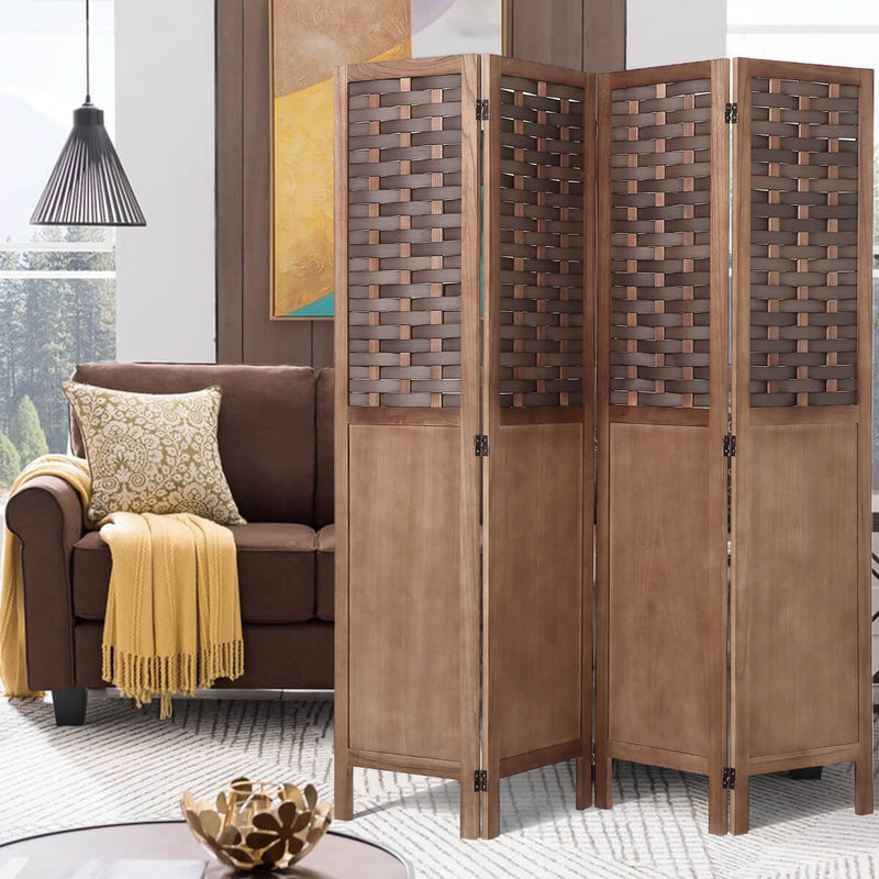 4 Panels Wood Room Divider 5.6ft Folding Privacy Screens with Hand-Woven Wicker Rattan, Brown