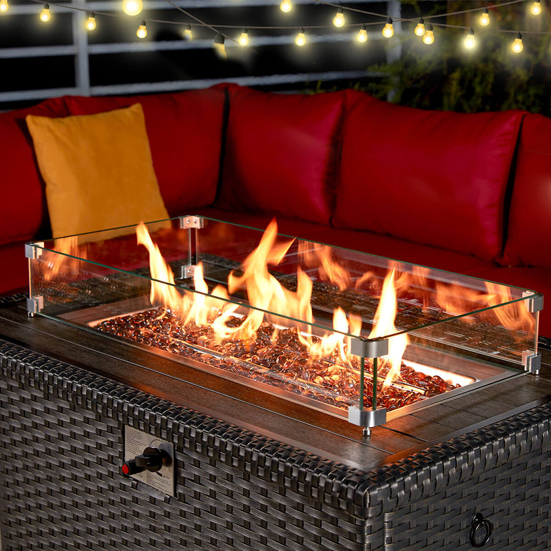 44" Propane Gas Fire Pit Table 50000 BTU Auto-Ignition with Windguard, Glass Stone, Black