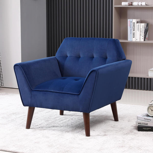 Mid Century Modern Arm Chair, Upholstered Sofa Chairs with Rubber Wood Legs Blue