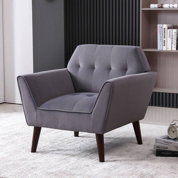 Mid Century Modern Arm Chair, Upholstered Sofa Chairs with Rubber Wood Legs Gray