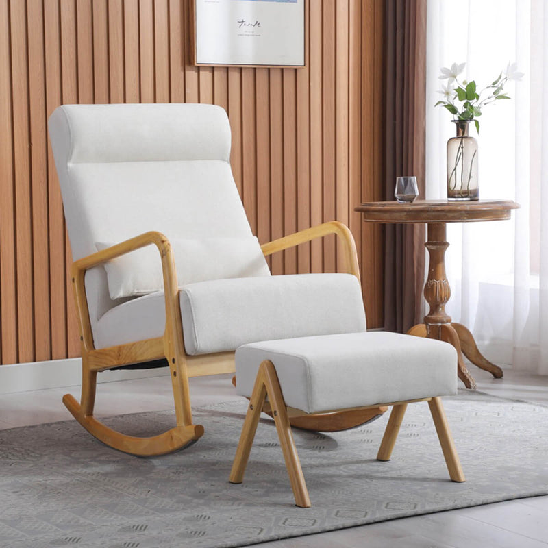 Fabric Rocking Chair Ottoman Set, Mid-Century Upholstered Rocking Chair with Thick Padded Cushion & Pillow, Glider Rocker Chair for Living Room