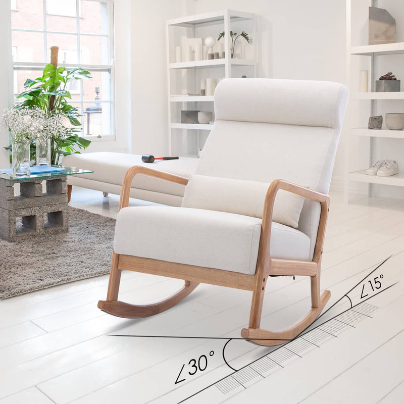 Fabric Rocking Chair Ottoman Set, Mid-Century Upholstered Rocking Chair with Thick Padded Cushion & Pillow, Glider Rocker Chair for Living Room