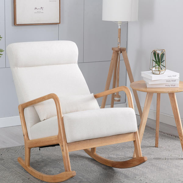 Mid-Century Upholstered Rocking Chair with Thick Padded Cushion & Pillow, Glider Rocker Chair for Living Room