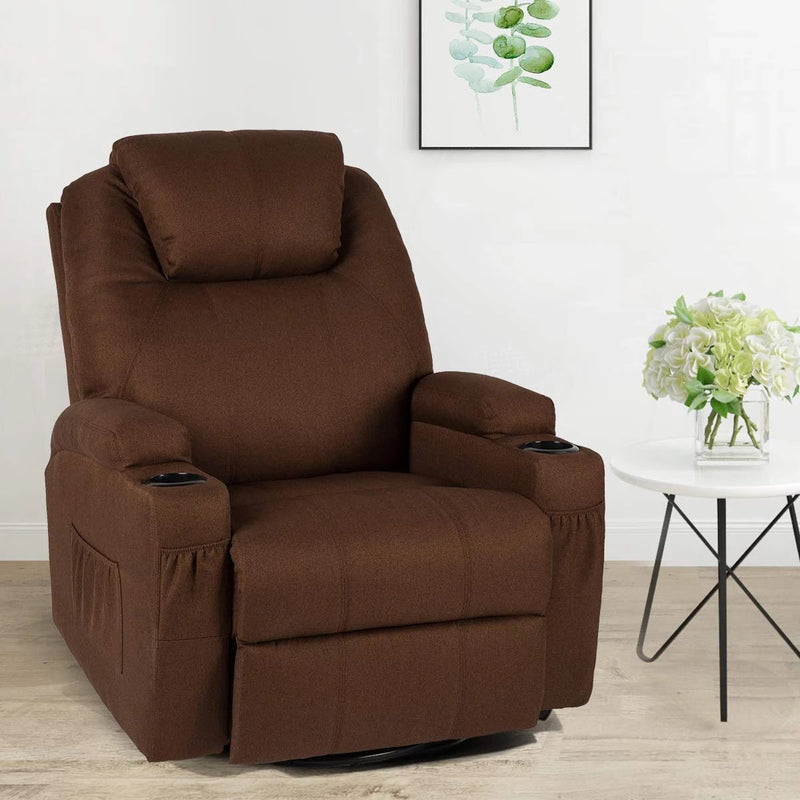 Coffee Fabric Massage Recliner Chair 360 Degrees Swivel Heated Ergonomic Lounge