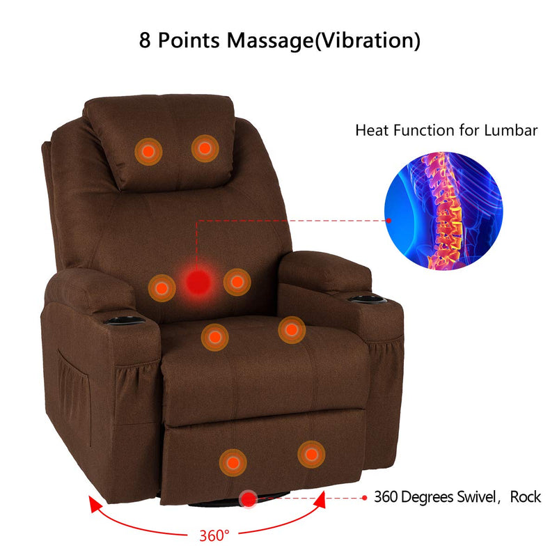 Coffee Fabric Massage Recliner Chair 360 Degrees Swivel Heated Ergonomic Lounge