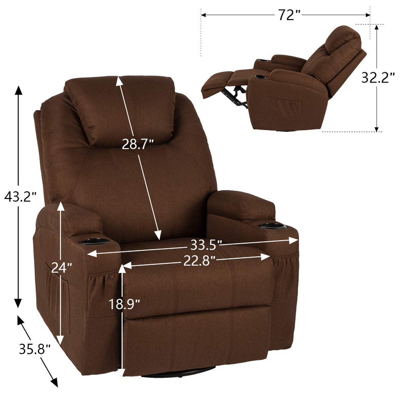 Coffee Fabric Massage Recliner Chair 360 Degrees Swivel Heated Ergonomic Lounge