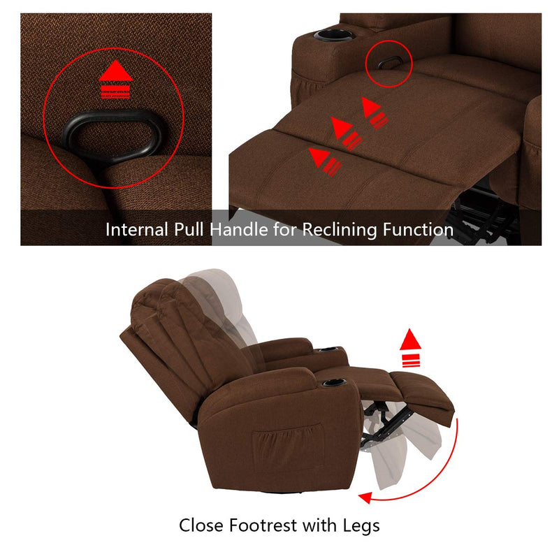 Coffee Fabric Massage Recliner Chair 360 Degrees Swivel Heated Ergonomic Lounge