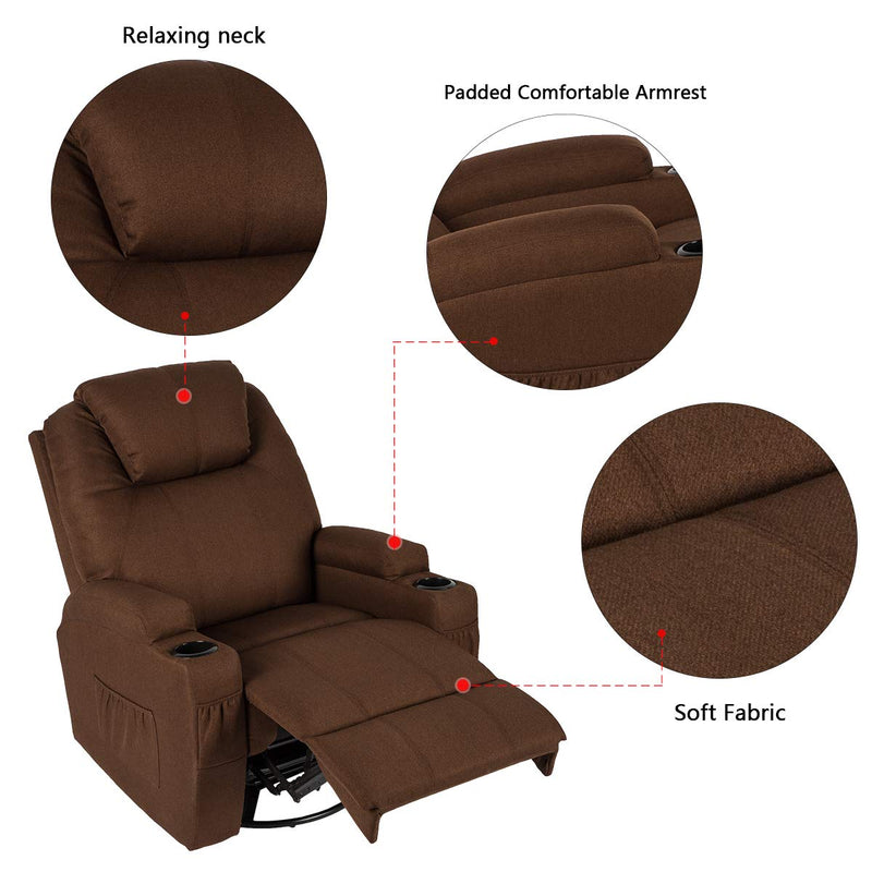 Coffee Fabric Massage Recliner Chair 360 Degrees Swivel Heated Ergonomic Lounge