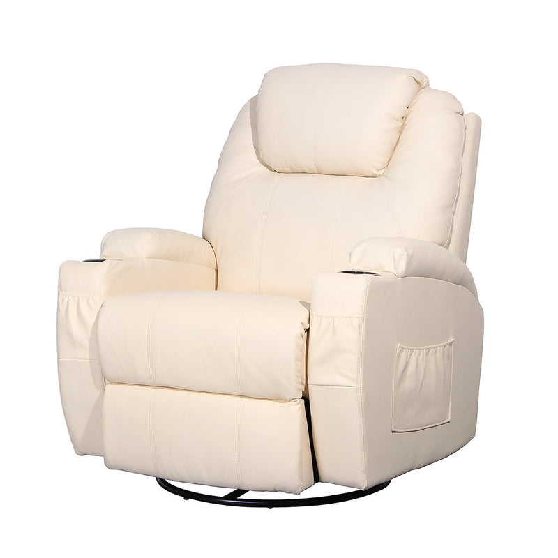 Massage Recliner Chair Heated PU Leather Ergonomic Lounge 360 Degree Swivel (Cream)