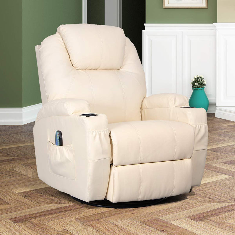 Massage Recliner Chair Heated PU Leather Ergonomic Lounge 360 Degree Swivel (Cream)