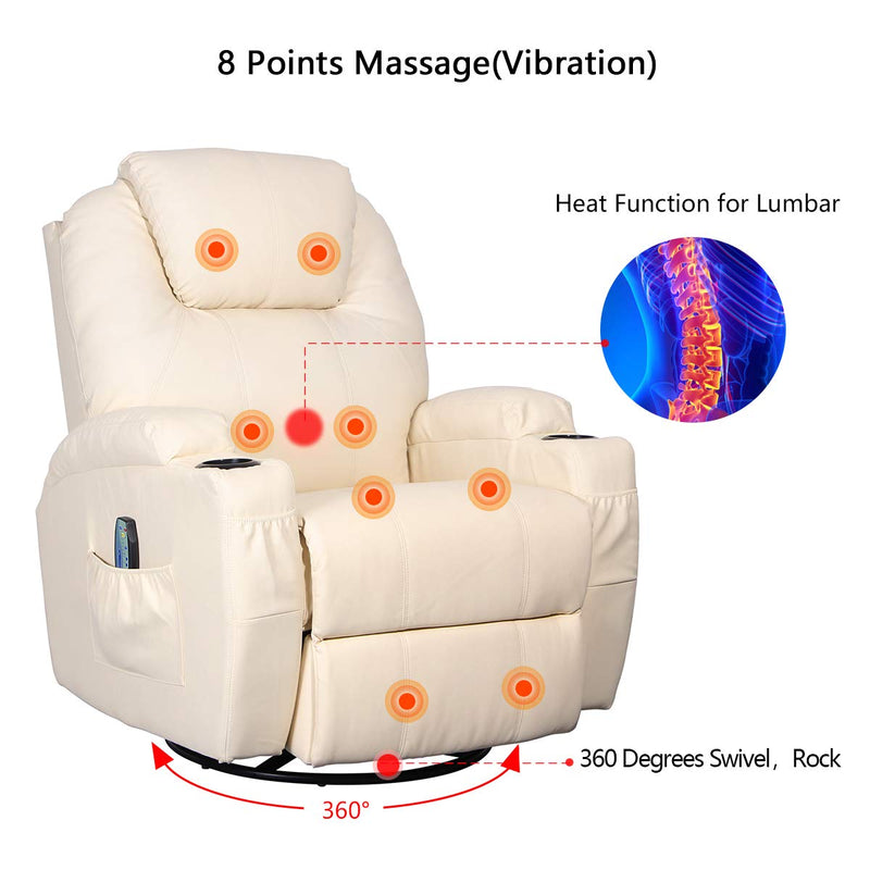 Massage Recliner Chair Heated PU Leather Ergonomic Lounge 360 Degree Swivel (Cream)