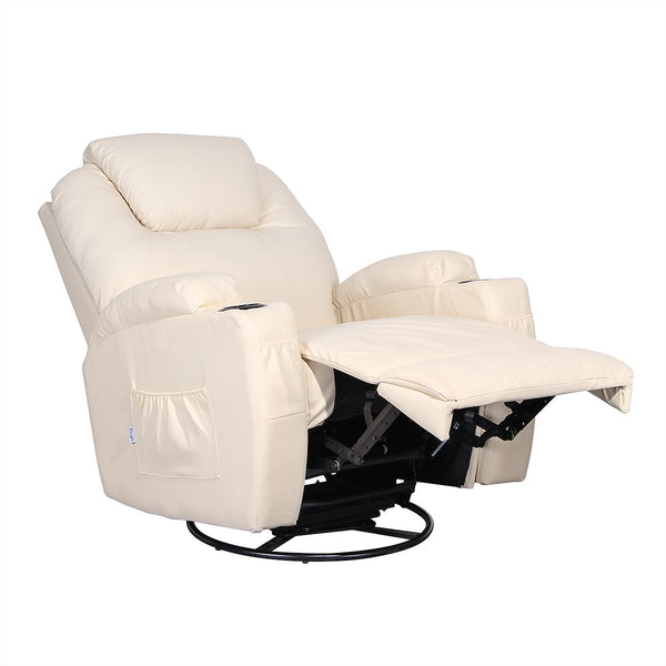 Massage Recliner Chair Heated PU Leather Ergonomic Lounge 360 Degree Swivel (Cream)