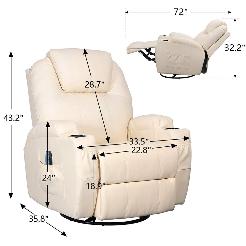 Massage Recliner Chair Heated PU Leather Ergonomic Lounge 360 Degree Swivel (Cream)