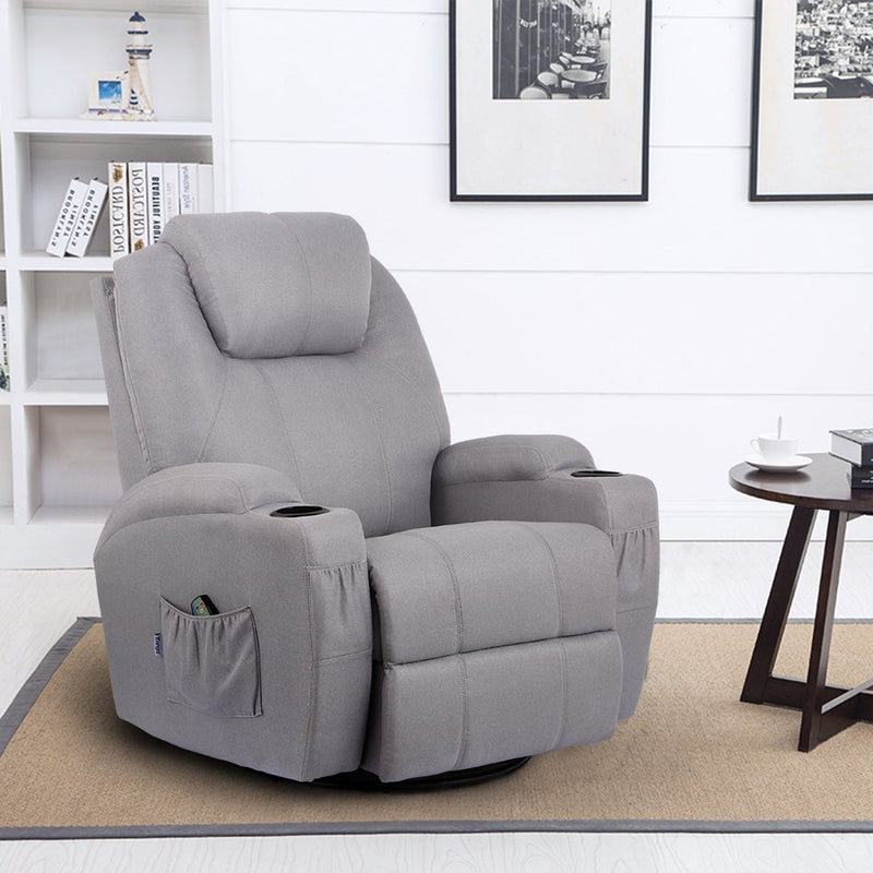 Grey Fabric Massage Recliner Chair 360 Degree Swivel Heated Ergonomic Lounge