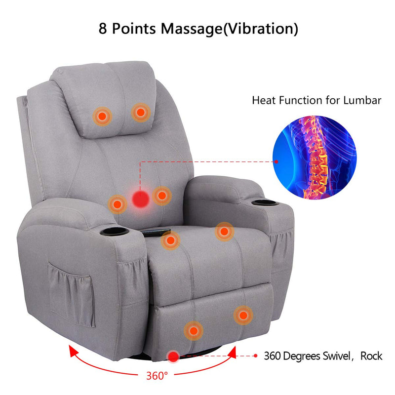 Grey Fabric Massage Recliner Chair 360 Degree Swivel Heated Ergonomic Lounge