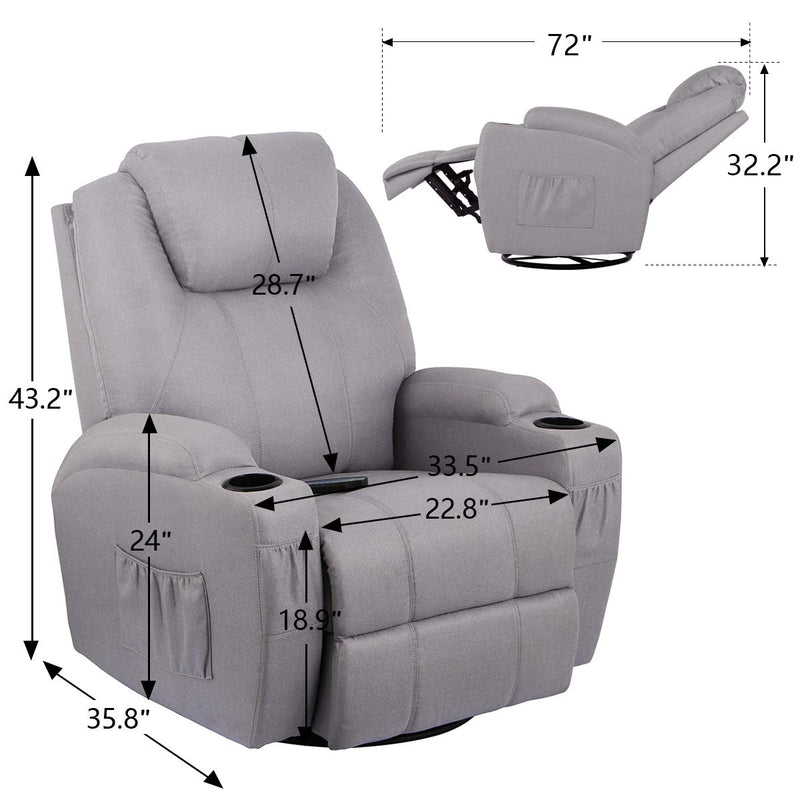 Grey Fabric Massage Recliner Chair 360 Degree Swivel Heated Ergonomic Lounge