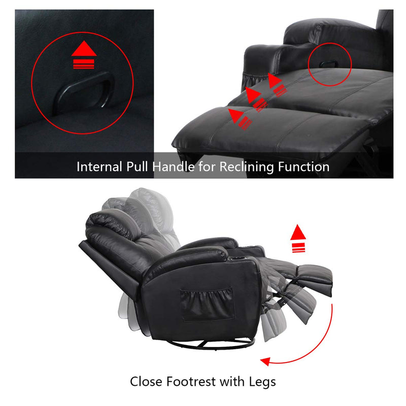 Massage Recliner PU Leather Ergonomic Lounge Heated Chair 360 Degree Swivel Recliner (Black)