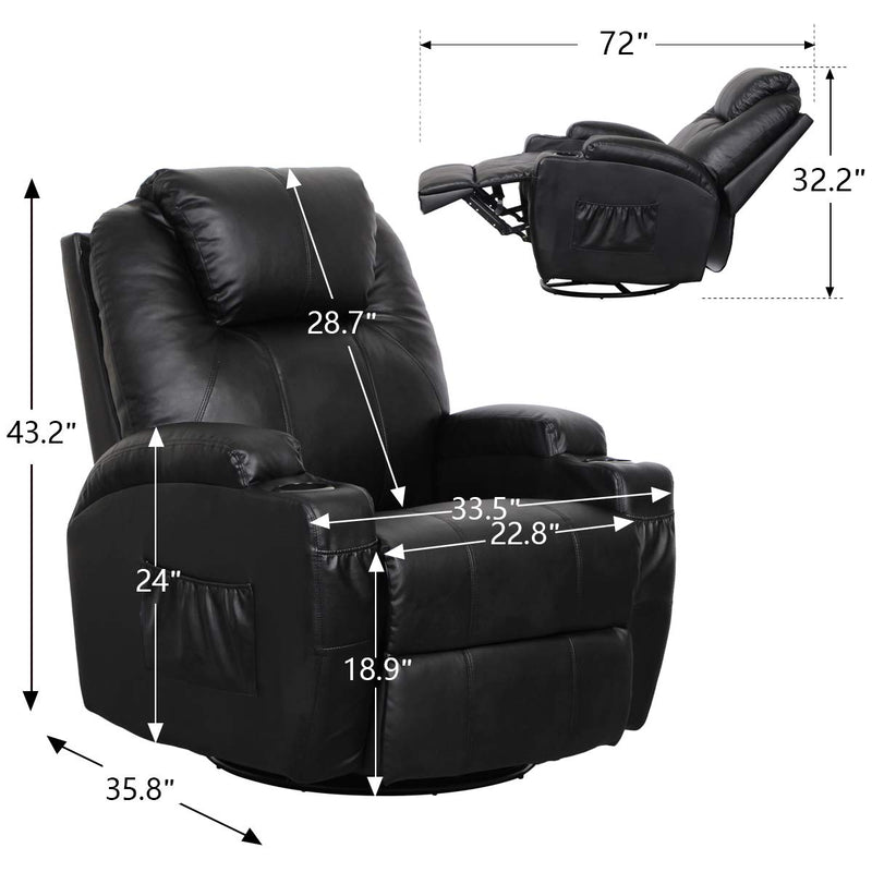 Massage Recliner PU Leather Ergonomic Lounge Heated Chair 360 Degree Swivel Recliner (Black)