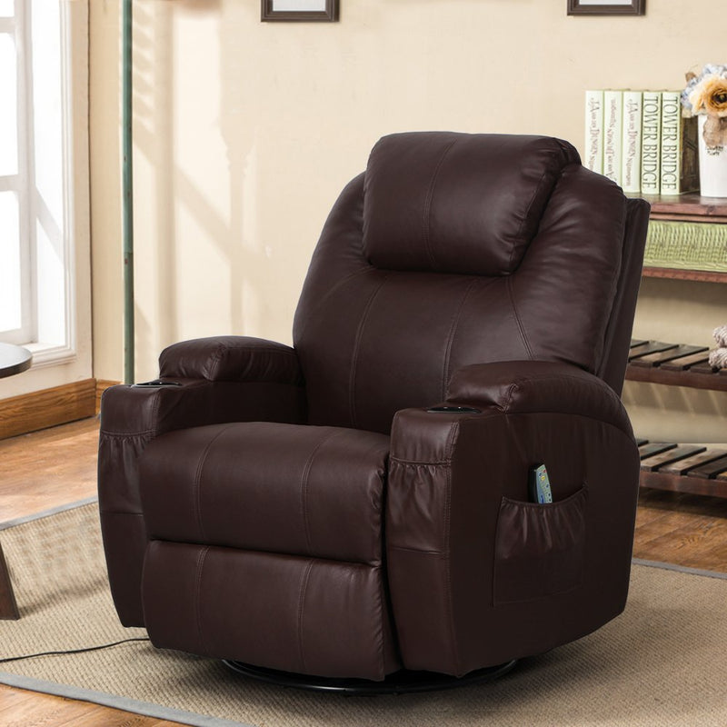 Massage Recliner Chair Heated PU Leather Ergonomic Lounge 360 Degree Swivel, Brown