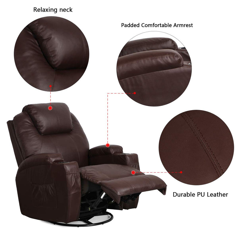 Massage Recliner Chair Heated PU Leather Ergonomic Lounge 360 Degree Swivel, Brown