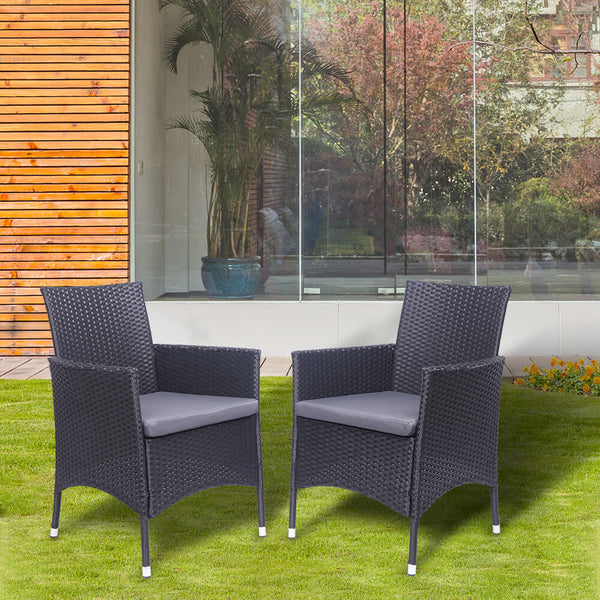 2-Piece Single Backrest Patio Dining Chairs, Rattan Sofa Conversation Set with Cushions, Black