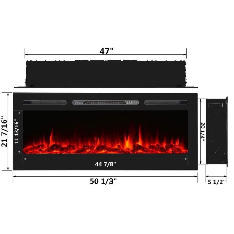 HomHum 50" in-Wall Recessed Mounted Electric Fireplace Insert with Touch Screen Control Panel, 9 Colours Flame & Remote Control, 750/1500W Heater with Timer, Black