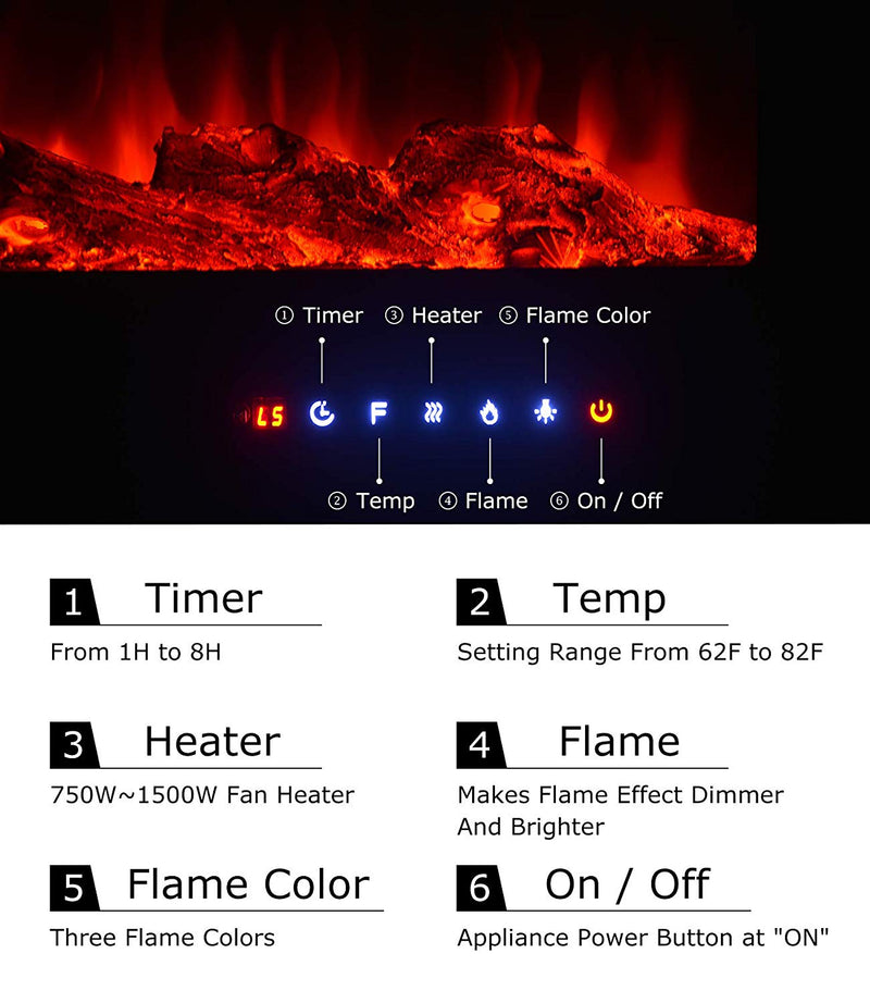 HomHum 50" in-Wall Recessed Mounted Electric Fireplace Insert with Touch Screen Control Panel, 9 Colours Flame & Remote Control, 750/1500W Heater with Timer, Black