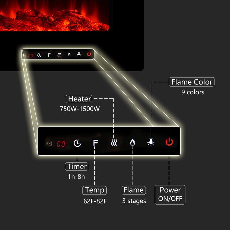 HomHum 50" in-Wall Recessed Mounted Electric Fireplace Insert with Touch Screen Control Panel, 9 Colours Flame & Remote Control, 750/1500W Heater with Timer, Black