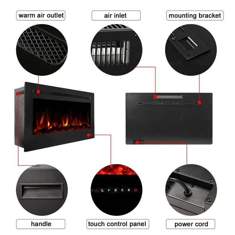 HomHum 50" in-Wall Recessed Mounted Electric Fireplace Insert with Touch Screen Control Panel, 9 Colours Flame & Remote Control, 750/1500W Heater with Timer, Black
