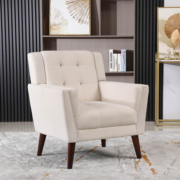Mid-Century Modern Fabric Club Chair, Single Sofa Comfy Upholstered Arm Chair with Tufted Design, Beige