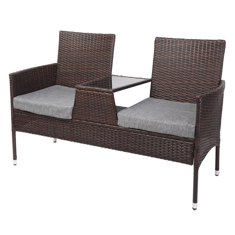 Double Siamese Rattan Chair Outdoor Garden Patio Furniture Brown Cushions