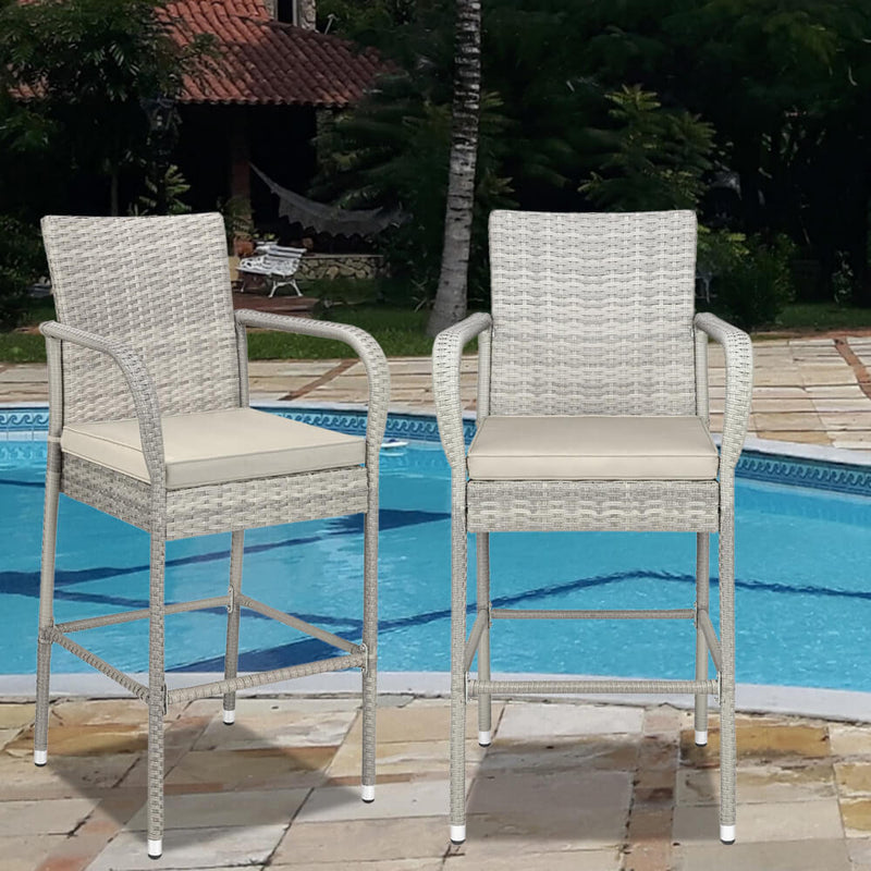 2-Piece Outdoor PE Rattan Wicker Chairs, High Bar Stool Chair, Patio Furniture Set with Cushions Armrest and Footrest, Gray